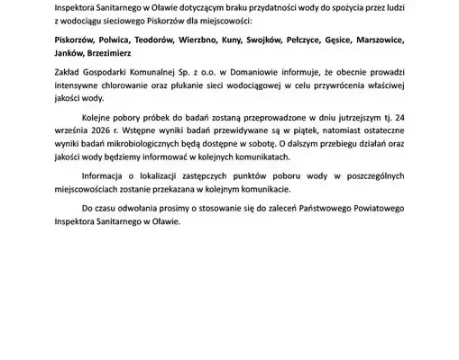 Woda w gminie Domaniów nadal niezdatna do picia. Trwa chlorowanie sieci