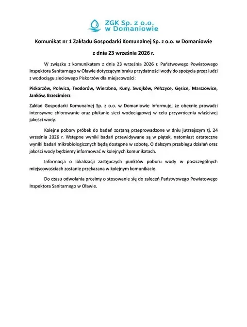 Piskorzów i okolice bez wody pitnej – ZGK Domaniów prowadzi chlorowanie sieci