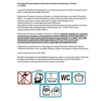Bakterie coli w wodociągu Piskorzów – sanepid ostrzega mieszkańców