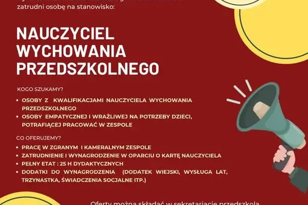 Przedszkole Publiczne w Danielowicach poszukuje nauczyciela wychowania przedszkolnego