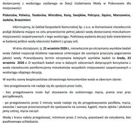 Marszowice: woda z kranu tylko po przegotowaniu – komunikat ZGK Domaniów