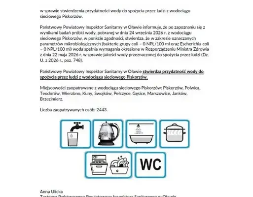 Woda z wodociągu Piskorzów znów zdatna do picia – komunikat sanepidu w Oławie