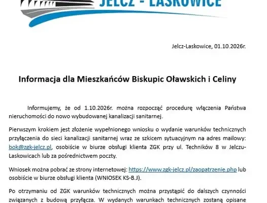 Jelcz-Laskowice: rusza procedura przyłączenia nieruchomości do nowej kanalizacji sanitarnej
