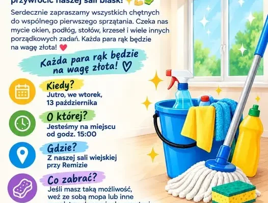 Wspólne sprzątanie sali wiejskiej po remoncie – mieszkańcy zaproszeni