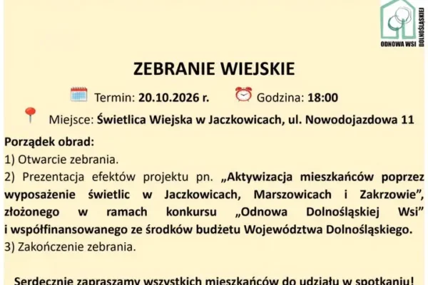 Zebranie wiejskie w Jaczkowicach – prezentacja efektów projektu „Odnowa Dolnośląskiej Wsi”