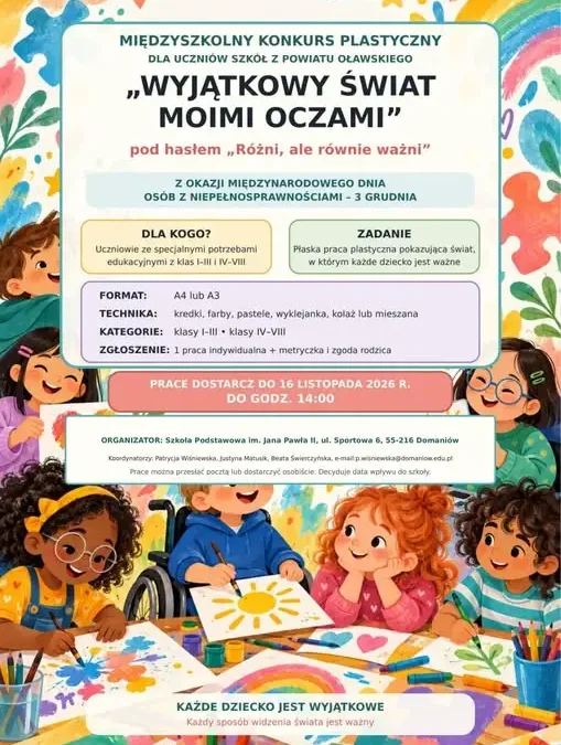 Konkurs plastyczny „Wyjątkowy świat moimi oczami” – zaproszenie dla uczniów z powiatu oławskiego