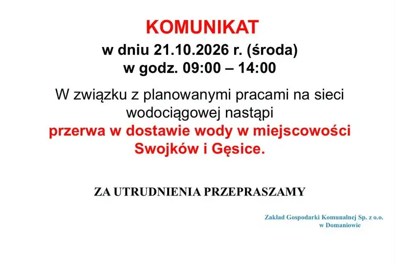 Swojków i Gęsice bez wody 21 października – planowana przerwa w dostawie
