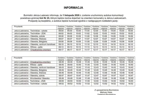 Bezpłatna linia autobusowa nr 20 na cmentarz komunalny w Jelczu-Laskowicach 1 listopada