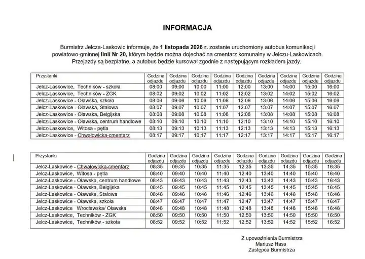 Bezpłatna linia autobusowa nr 20 na cmentarz komunalny w Jelczu-Laskowicach 1 listopada