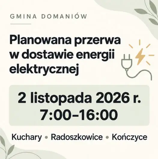 Przerwa w dostawie prądu w gminie Domaniów – 2 listopada